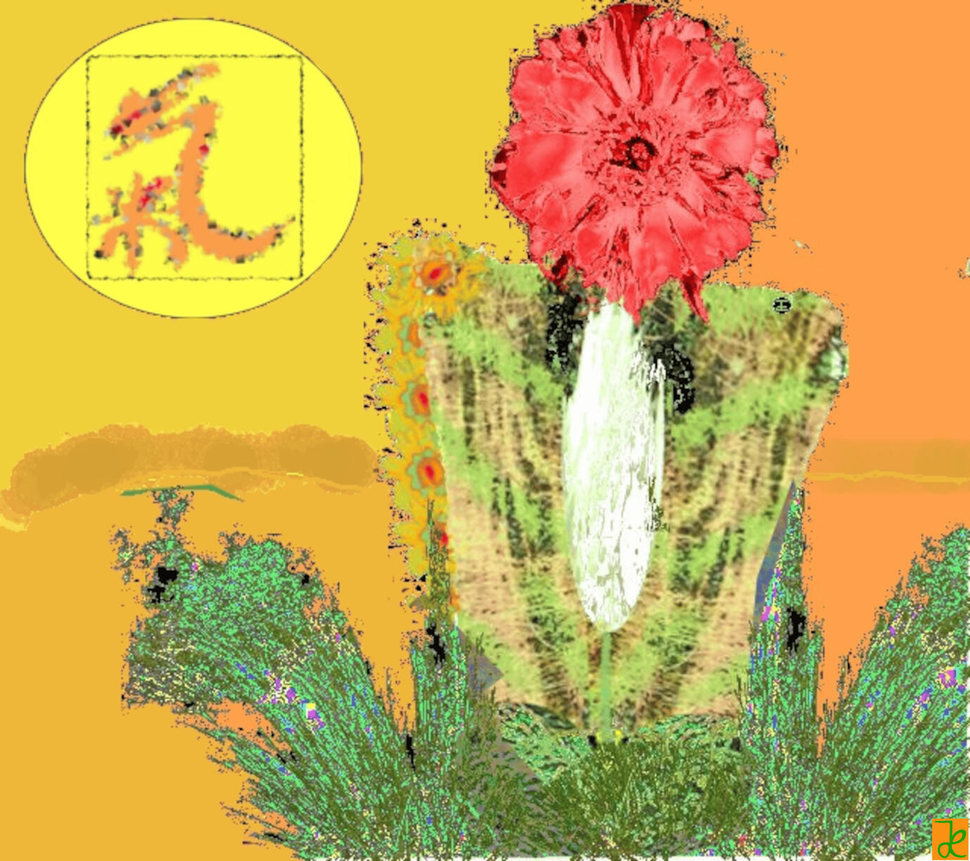 pesonnia, digitale Bildarbeit mit roter Blüte und gelb-orangefarbigem Hintergrund