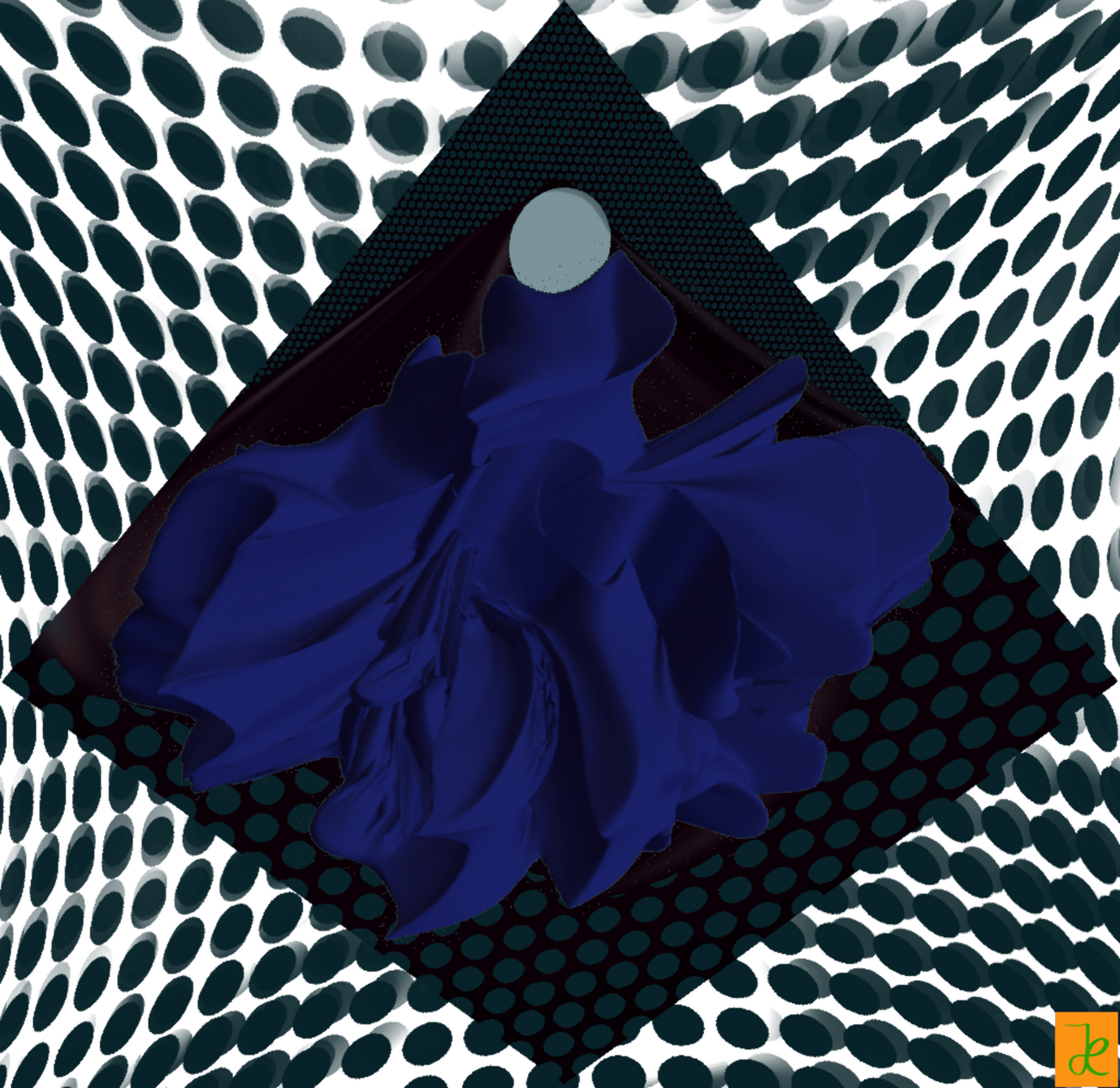 Princess Pearl, digitale Bildarbeit mit dunkelblauer Form, schwarzem Dreieck und gemustertem Hintergrund